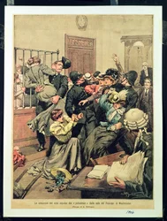 ウェストミンスター宮殿の部屋からSuffragettesを追放した警官（ウェストミンスター宮殿のホールから「警官」から追放された誓約のアマゾン）、1906年